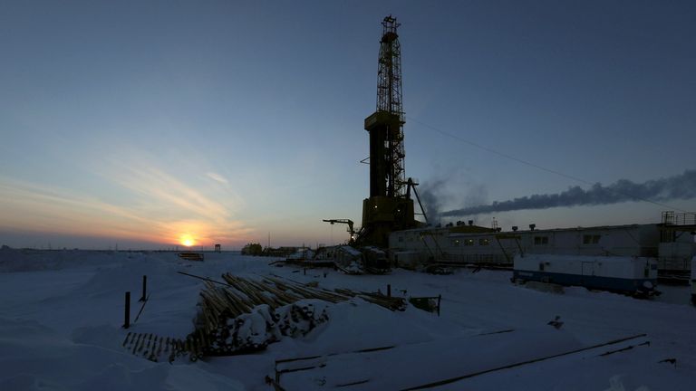 FILE PHOTO: View shows oil derrick at Vankorskoye oil field owned by Rosneft company north of Krasnoyarsk