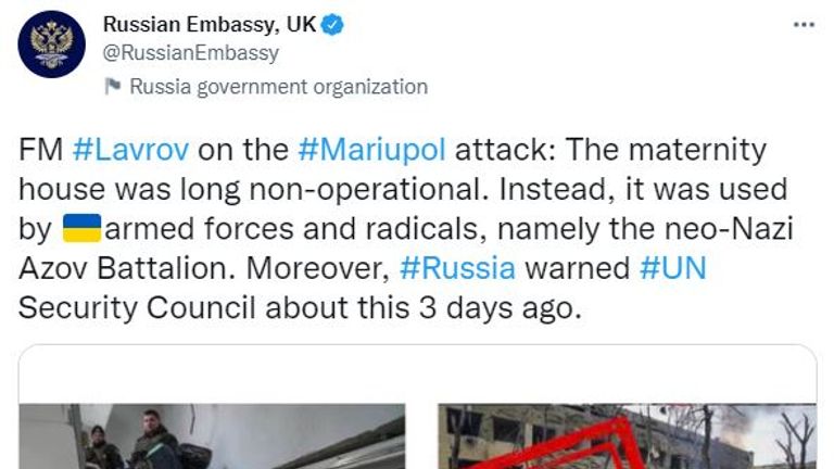 Screenshot of a tweet from the Russian Embassy in the UK about the attack on the maternity hospital in Mariupol
