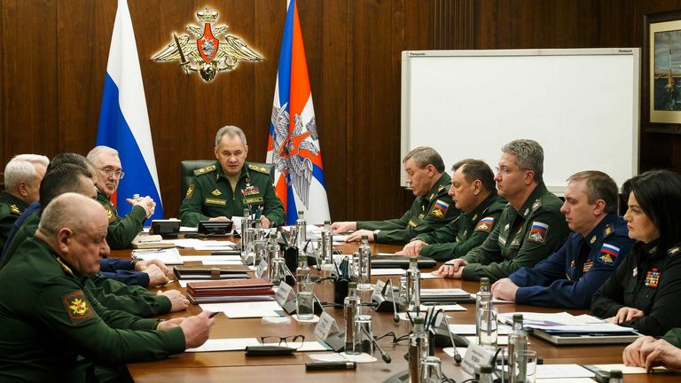 Russia&#39;s defence minister in meeting with the leadership of the Russian Defence Ministry. Pic: Russia&#39;s Ministry of Defense/Facebook