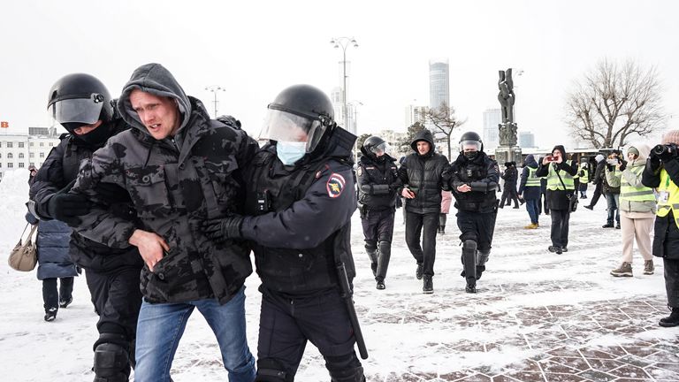 A person is detained during an anti-war protest in Yekaterinburg, Russia 