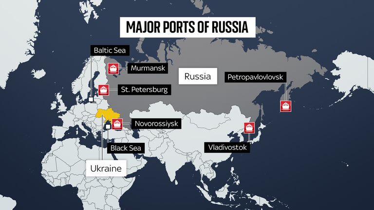 Map of major ports of Russia