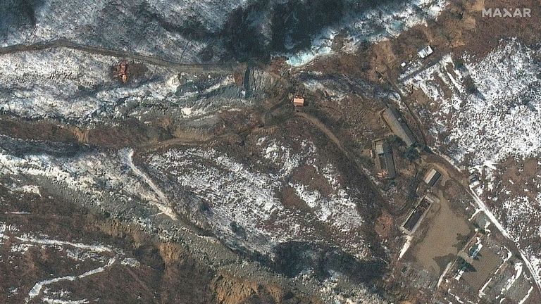A satellite image shows an overview of new activity at the Punggye-ri nuclear test site, Kilju County, North Hamgyong province, North Korea, March 4, 2022. Picture taken March 4, 2022. Satellite Image ..2022 Maxar Technologies/Handout via REUTERS THIS IMAGE HAS BEEN SUPPLIED BY A THIRD PARTY. NO RESALES. NO ARCHIVES. MANDATORY CREDIT. DO NOT OBSCURE LOGO..