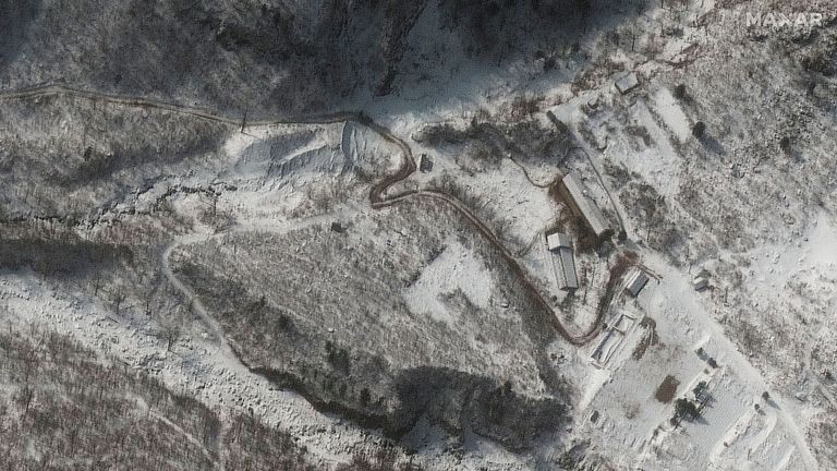A satellite image shows an overview of the nuclear test site in Punggye-ri in Kilju County, North Hamgyong province, North Korea, February 18, 2022. Picture taken February 18, 2022. Satellite Image ..2022 Maxar Technologies/Handout via REUTERS THIS IMAGE HAS BEEN SUPPLIED BY A THIRD PARTY. NO RESALES. NO ARCHIVES. MANDATORY CREDIT. DO NOT OBSCURE LOGO