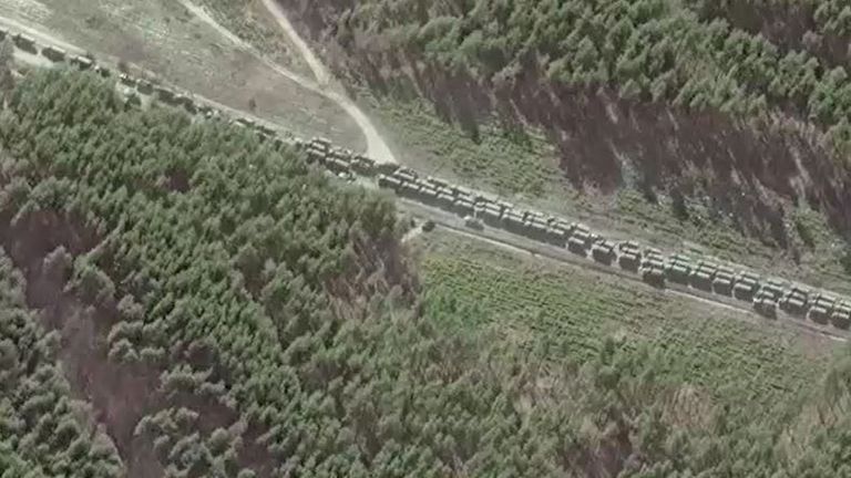 A Maxar satellite captured this image of a Russian convoy heading for Kyiv 