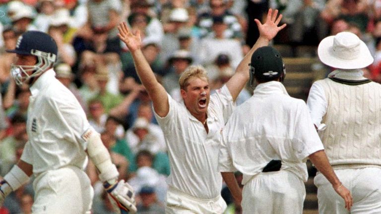 3rd Test Match-England v Australia at Old Trafford: Australian bowler Shane Warne celebrates bowling Alec Stewart (departing left) for one at Old Trafford today (Sunday). PA Photo by Owen Humphreys.
Read less
Picture by: Owen Humphreys/PA Archive/PA Images
Date taken: 06-Jul-1997