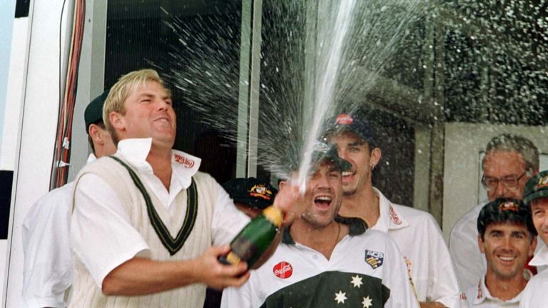 Australian spin bowler Shane Warne celebrates in traditional style after his team beat England in the 4th test at Headingley today (Monday). PA Photo by Owen Humphreys. See PA Story CRICKET England.
Read less
Picture by: PA Archive/PA Images
Date taken: 28-Jul-1997