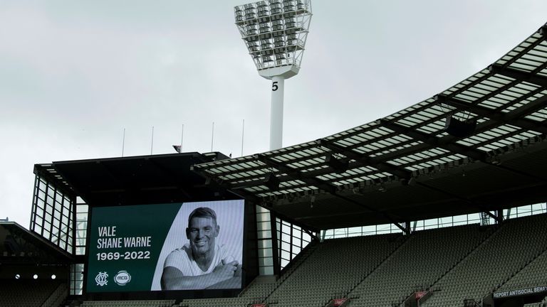 A tribute to Warne is seen at the Melbourne Cricket Ground in Melbourne