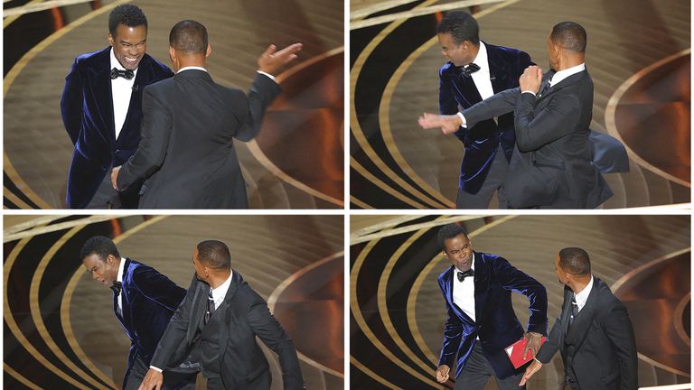 Combination picture showing Will Smith hiting Chris Rock as Rock spoke on stage during the 94th Academy Awards in Hollywood, Los Angeles, California, U.S., March 27, 2022. REUTERS/Brian Snyder TPX IMAGES OF THE DAY
