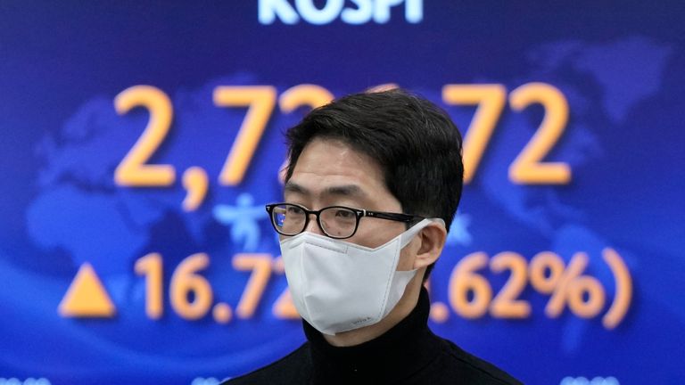 A currency trader wearing a mask in a foreign exchange dealing room in Seoul


