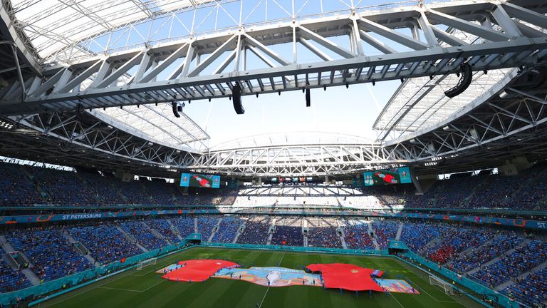 St Petersburg&#39;s stadium is pictured ahead of the Euro 2020 quarter-final in 2021. Pic: AP