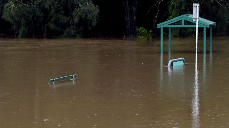 Kelso Beach Reserve is submerged by floodwater after the Georges River burst its banks in East Hills, south-west of Sydney, Australia, March 8, 2022. AAP Image/Bianca De Marchi via REUTERS ATTENTION EDITORS - THIS IMAGE WAS PROVIDED BY A THIRD PARTY. NO RESALES. NO ARCHIVE. AUSTRALIA OUT. NEW ZEALAND OUT
