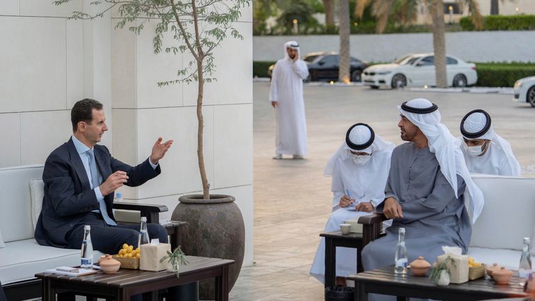 Syrian President Bashar Assad, left, meets with Abu Dhabi&#39;s Crown Prince, Sheikh Mohammed bin Zayed Al Nahyan, in Abu Dhabi