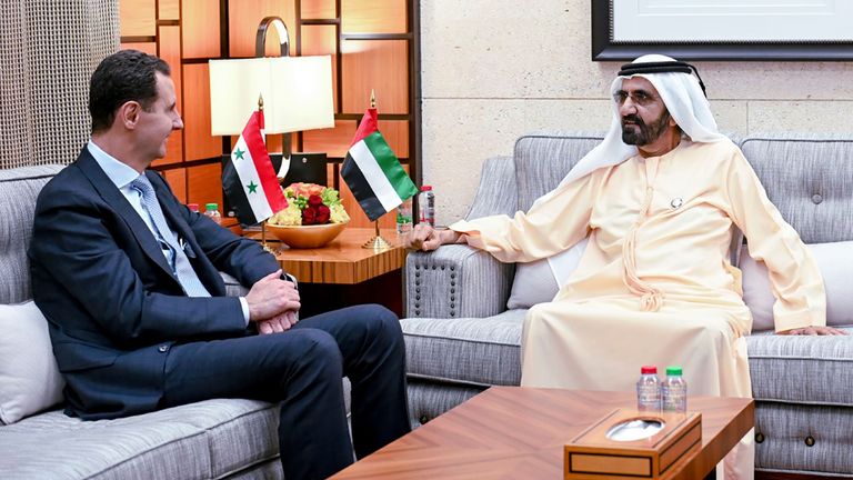 Syrian President Bashar Al Assad meeting with Sheikh Mohammed bin Rashid Al Maktoum, UAE prime minister and ruler of Dubai