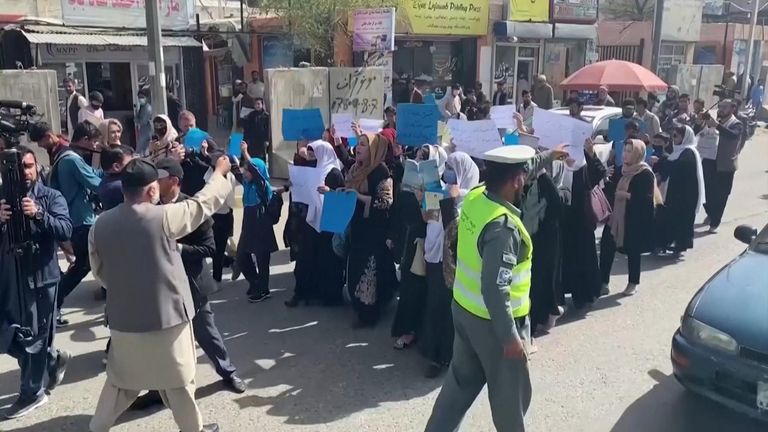  Dozens of female students and teachers marched in front of the education ministry in Kabul.