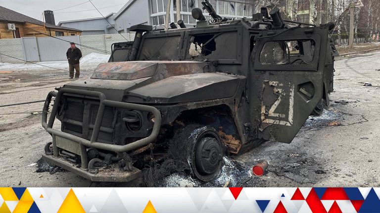 A view shows a destroyed Russian Army all-terrain infantry mobility vehicle Tigr-M (Tiger) on a road in Kharkiv, Ukraine February 28, 2022. REUTERS/REUTERS/Vitaliy Gnidyi
