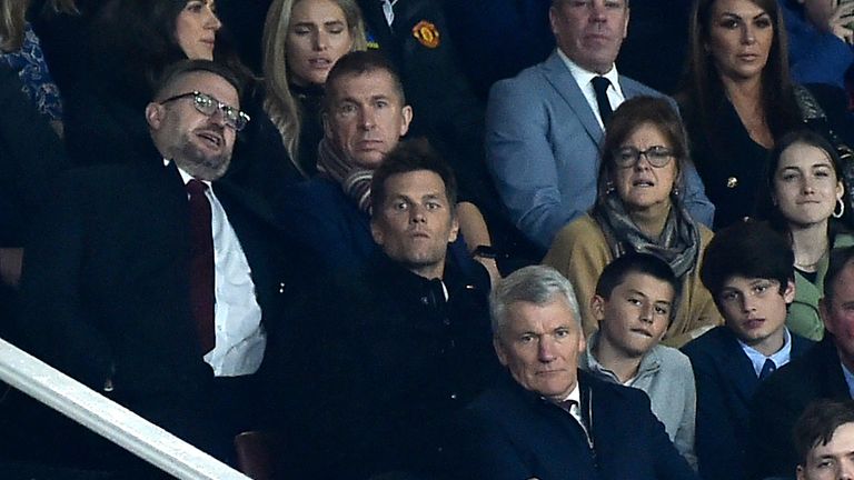 Tom Brady (centre) watched Manchester United beat Tottenham at Old Trafford on Saturday. Pic: AP