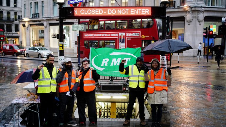 Members of the Rail, Maritime and Transport union on a picket line outside Oxford Street underground station in London during a strike by members of the RMT. Picture date: Tuesday March 1, 2022.

