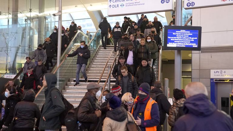 Commuters at Stratford Station in east London during a strike by members of the Rail, Maritime and Transport union (RMT). Picture date: Tuesday March 1, 2022.

