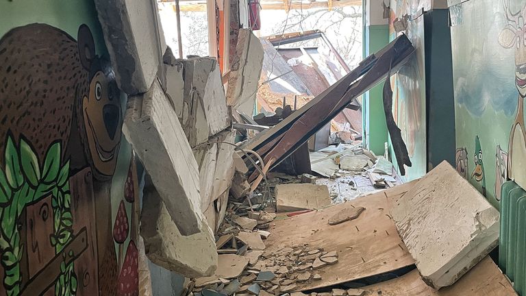 Inside the ruins of the Kashtan kindergarten in Byshiv. Pic: Chris Cunningham






