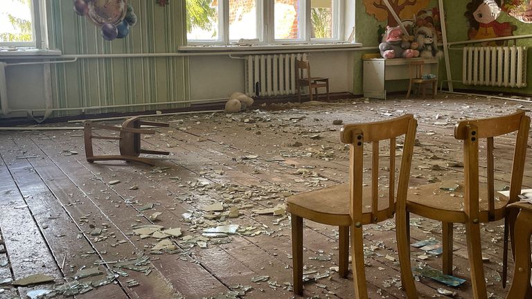 An empty classroom littered with broken glass at the Kashtan Kindergarten in Byshiv. Pic: Chris Cunningham






