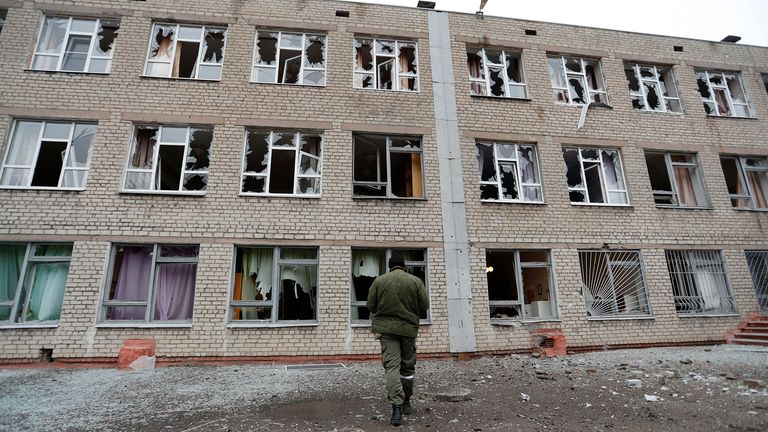 A view shows a school building, which locals said was damaged by recent shelling, in the separatist-controlled town of Horlivka (Gorlovka) in the Donetsk region, Ukraine February 25, 2022. REUTERS/Alexander Ermochenko