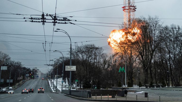 A blast is seen in the TV tower, amid Russia&#39;s invasion of Ukraine, in Kyiv, Ukraine March 1, 2022. REUTERS/Carlos Barria