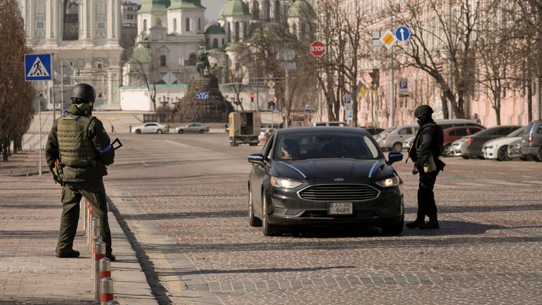 Ukrainian servicemen check cars in Kyiv, Ukraine,Thursday, March 24, 2022. Ukraine President Volodymr Zelenskyy called on people worldwide to gather in public Thursday to show support for his embattled country as he prepared to address U.S. President Joe Biden and other NATO leaders gathered in Brussels on the one-month anniversary of the Russian invasion. (AP Photo/Vadim Ghirda)
Pic:AP

