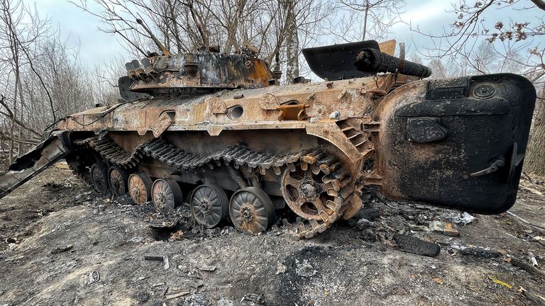 The burnt out carcasses of Russian armoured vehicles litter the main highway west of Kyiv. Pic: Chris Cunningham







