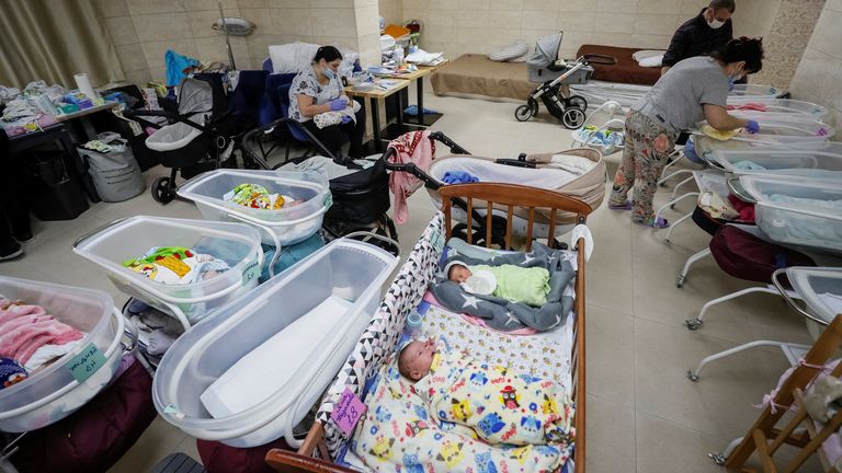 Nurses look after surrogate-born babies inside a special shelter owned by BioTexCom clinic in a residential basement, as Russia's invasion continues, on the outskirts of Kyiv, Ukraine March 15, 2022. Picture taken March 15, 2022. REUTERS/Gleb Garanich
