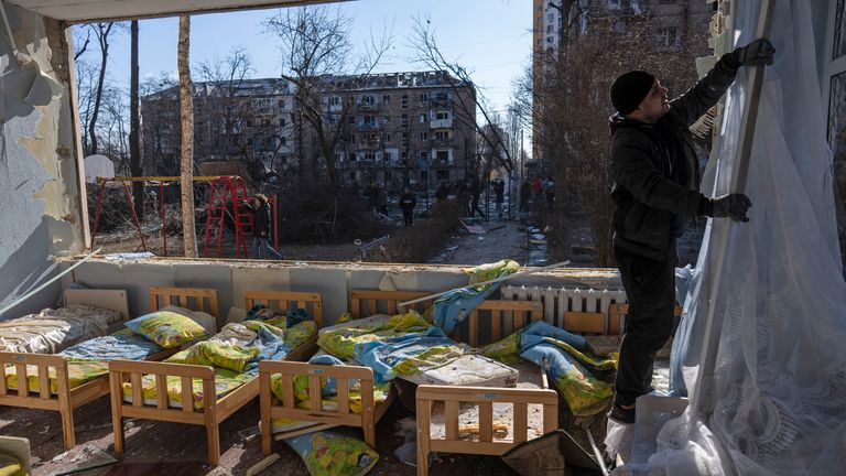 A school and pre-school were damaged among other residential buildings during shelling in Kyiv today