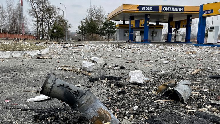 A shell in the forecourt of a petrol station on the western highway out of Kyiv. Pic: Chris Cunningham







