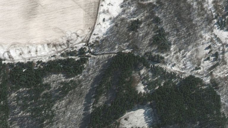 A satellite image shows troops and equipment deployed in trees, in Lubyanka, north-west of Antonov airport. Pic: Maxar Technologies