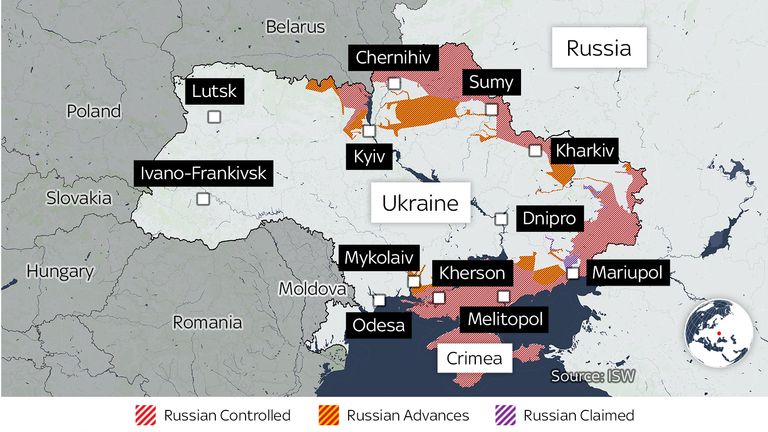 Une carte montrant les avancées russes au jour 19 de la guerre