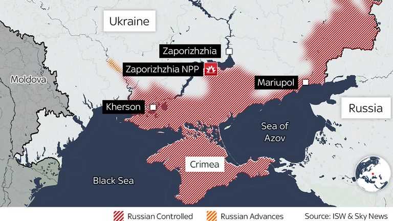 A map showing the location of the Zaporizhzhia nuclear plant in southeastern Ukraine