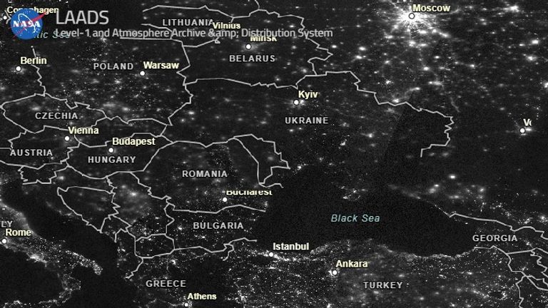 Ukraine seen from space at night on 7 February 2022. Pic: NASA LAADS
