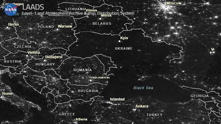 Ukraine seen from space at night on 7 March. Pic: NASA LAADS