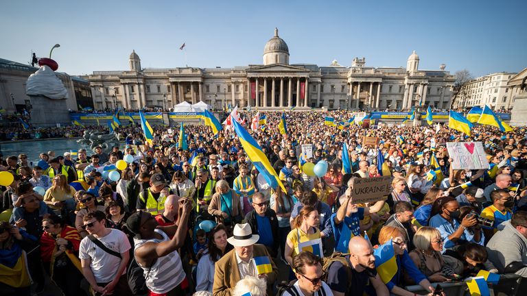 People gathered to listen to speeches in Trafalgar Square