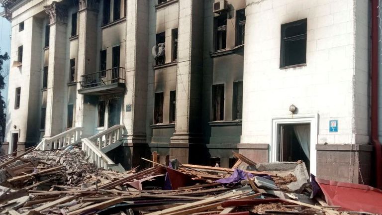 General view of the remains of the drama theatre which was hit by a bomb when hundreds of people were sheltering inside, amid ongoing Russia&#39;s invasion, in Mariupol, Ukraine, in this handout picture released March 18, 2022. Azov Handout/ via REUTERS THIS IMAGE HAS BEEN SUPPLIED BY A THIRD PARTY