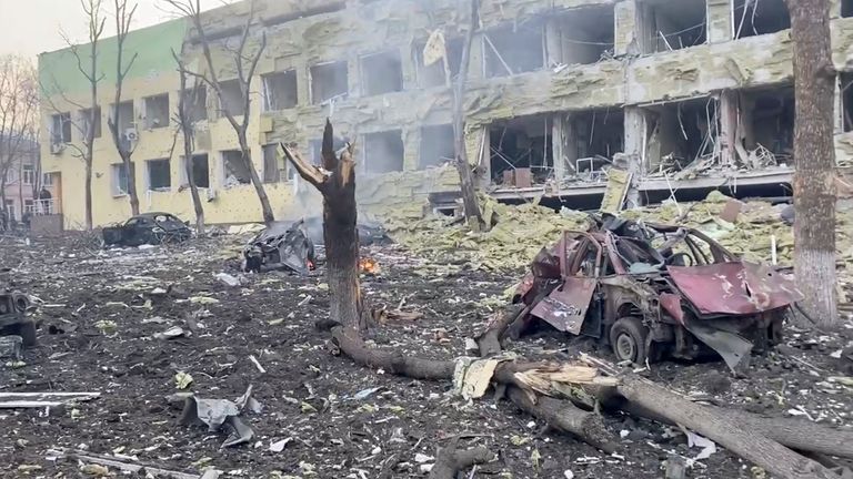 Debris is seen on site of the destroyed Mariupol children&#39;s hospital as Russia&#39;s invasion of Ukraine continues, in Mariupol, Ukraine, March 9, 2022 in this still image from a handout video obtained by Reuters. Ukraine Military/Handout via REUTERS THIS IMAGE HAS BEEN SUPPLIED BY A THIRD PARTY.
