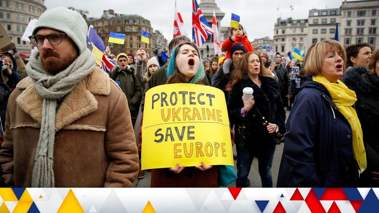 Thousands gather to take part in a protest against Russia's invasion of Ukraine in London. 