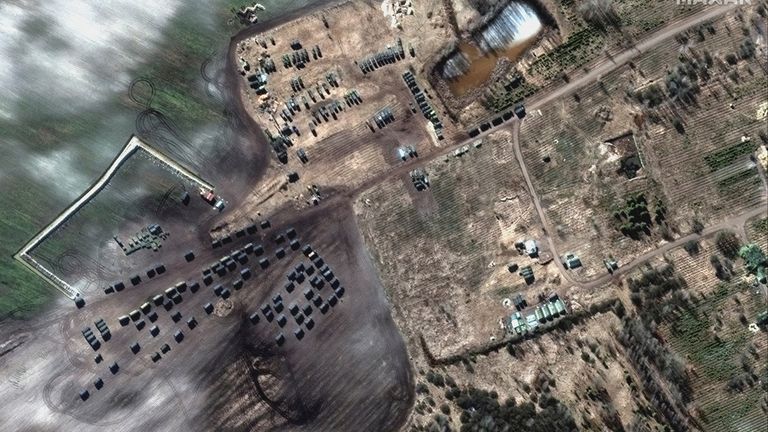 A satellite image shows ground forces equipment and a convoy, in Khilchikha, Belarus. Pic: Maxar Technologies