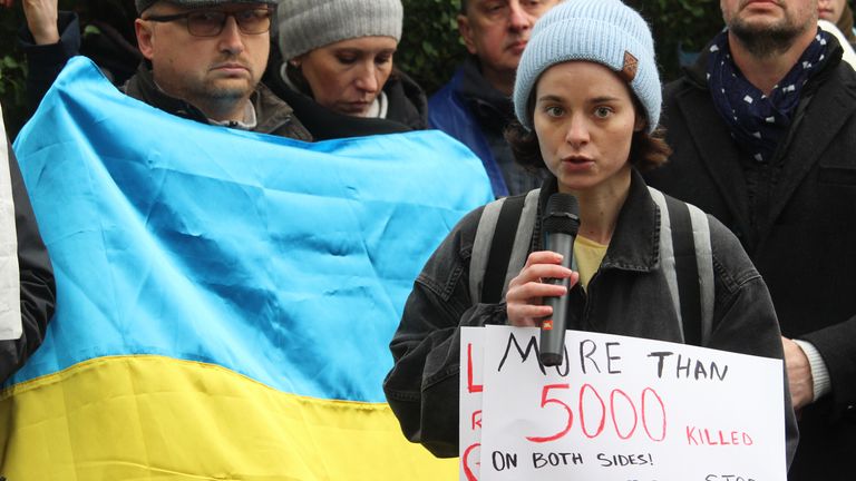Olga Sikora, a student from Ukraine, joins protesters gathered outside the Russian Embassy Residence, south Dublin, to call on Ambassador Yury Filatov to leave the country and to protest the Russian invasion of Ukraine. Picture date: Sunday February 27, 2022.

