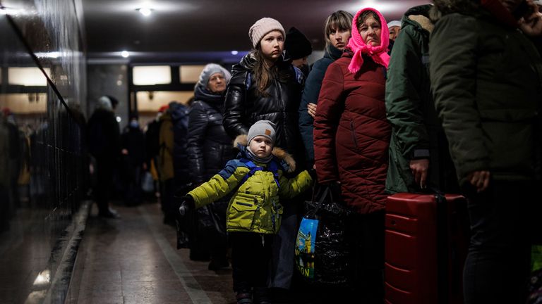 A group of people wait at the Lviv train station, March 2, 2022, in Lviv, Ukraine. This city has in recent weeks become the destination of choice for evacuees from areas in the east of the country. The authorities of the Ukrainian city of Lviv have imposed a night curfew, in the face of Russia&#39;s military invasion of Ukraine. As reported by the Mayor&#39;s Office of this city, the exit and movement of citizens is limited between 10 p.m. and 6 a.m. (local time). 02 MARCH 2022;TRAIN STATION;UKRAINE;LEO