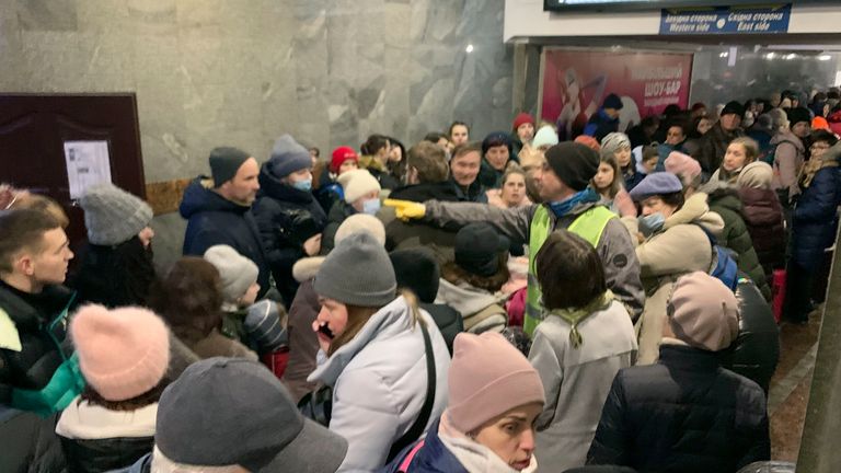 An underground walkway at a railway station in Lviv, western Ukraine, is packed with people waiting for a train bound for Poland on March 2, 2022, amid Russia&#39;s invasion. (Kyodo via AP Images) ==Kyodo


