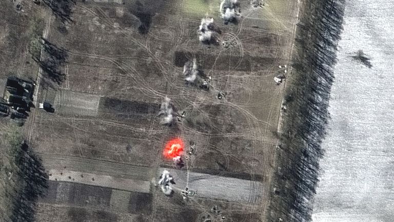 Satellite image of an artillery battalion actively firing in a southeasterly direction