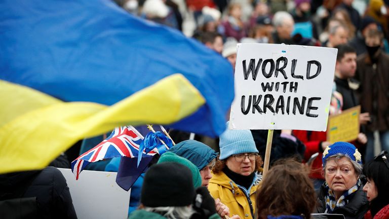 Ukraine invasion: Protesters gather in London’s Trafalgar Square in show of solidarity with Ukrainian people | World News