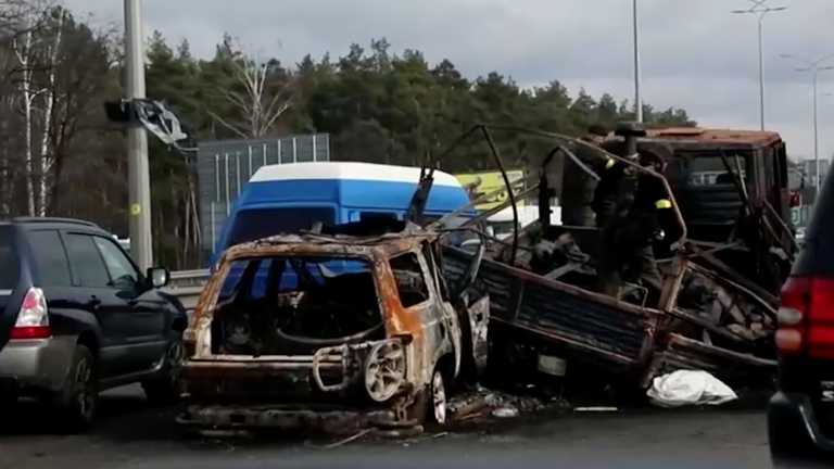 Roads were filled with damaged cars from the attacks in Kyiv