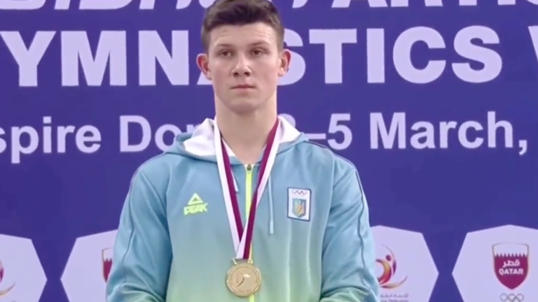 Illia Kovtun won in the parallel bars final at the Apparatus World Cup in Doha over the weekend 