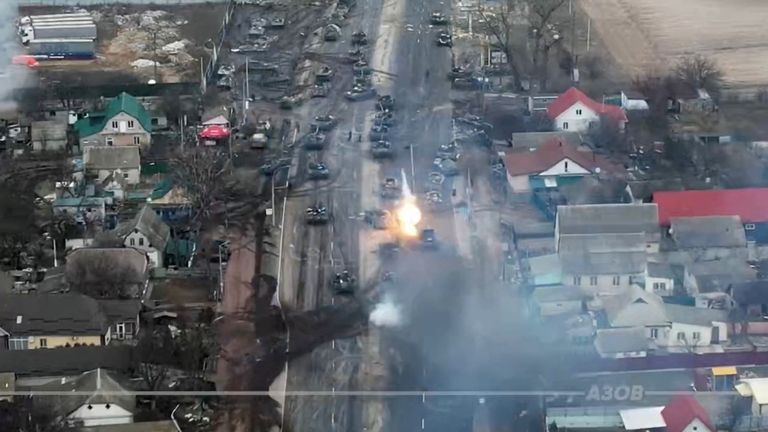 Tanks are seen being destroyed on the outskirts of Brovary, Ukraine, in this screen capture from undated video obtained by Reuters March 10, 2022. Azov/Handout via REUTERS