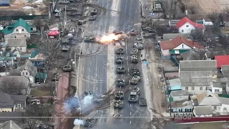 Tanks are seen being destroyed on the outskirts of Brovary, Ukraine, in this screengrab from an undated handout video obtained by Reuters on March 10, 2022. Azov/Handout via REUTERS